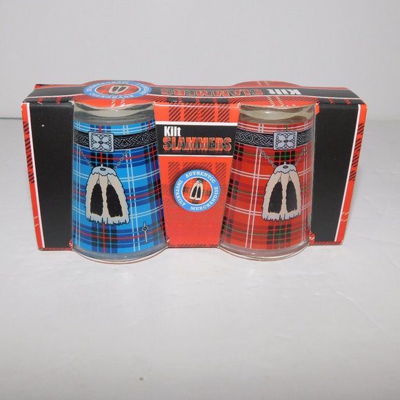 Kilt Slammers Twin Pack Red Blue Tartan Kilt Shot Glass Set - Picture 1 of 4